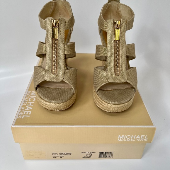Michael Kors Damita Platform Wedge Sandals Gold Sz 6 - Picture 1 of 16
